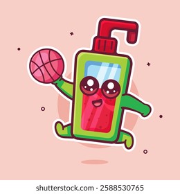 happy hand sanitizer bottle character mascot playing basketball isolated cartoon