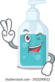 Happy hand sanitizer cartoon design concept show two fingers