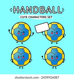 Happy Handball characters bundle set. Vector hand drawn doodle style cartoon character illustration icon design. Isolated on blue background. Handball ball mascot character collection