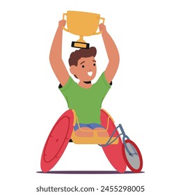 Personaje Feliz Del Niño Discapacitado En Una Silla De Ruedas Sosteniendo Un Trofeo Sobre Su Cabeza. Muestra Un Gesto De Alegría Y Éxito. Ganadora De Los Deportes Infantiles, Orgullo Radiante Y Triunfo. Ilustración vectorial de Personas de dibujos animados