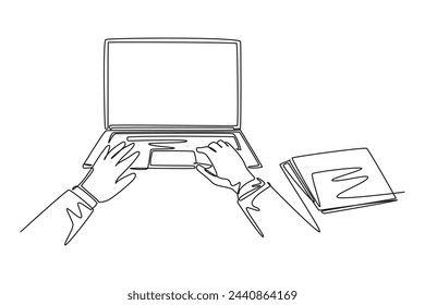 Happy hands are seen typing on a laptop. office employees work. Work and business minimalist concept. Lifestyle at city. Work life balance.