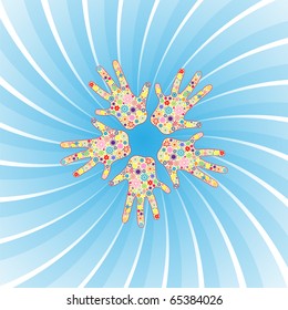 Happy hands vector background and flowers