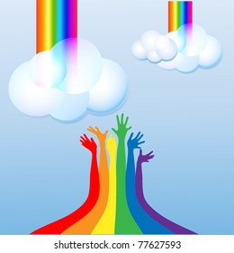 Happy hands vector , rainbow sky with clouds cartoon background