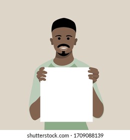 Happy handsome man holding/showing/displaying white blank board/banner/poster. Flat style vector  illustrations.