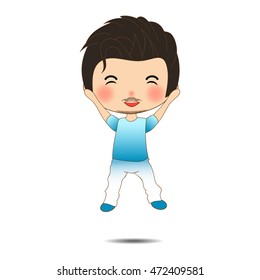 Happy Handsome Mustache Man in Blue Shirt and White Pants.  Jumping Celebrating Victory in Air. isolated on White Background. Vector Illustration
