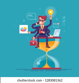 Happy handsome office worker with many hands sitting on an hourglass and doing several actions at the same time. Multitasking, productivity and time management concept. Flat vector illustration.
