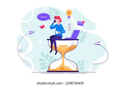 Happy handsome office worker with many hands sitting on an hourglass and doing several actions at the same time. Multitasking, productivity and time management concept. Flat vector illustration