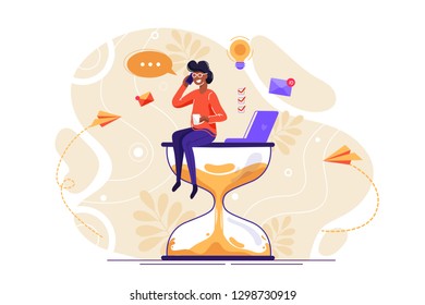 Happy handsome office worker with many hands sitting on an hourglass and doing several actions at the same time. Multitasking, productivity and time management concept. Flat vector illustration