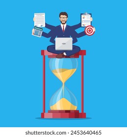 Happy handsome office worker with many hands sitting on an hourglass and doing several actions at the same time. Multitasking, time management concept. Vector illustration in flat style