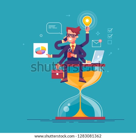 Happy handsome office worker with many hands sitting on an hourglass and doing several actions at the same time. Multitasking, productivity and time management concept. Flat vector illustration.