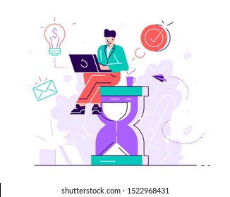 Happy handsome office worker sitting on an hourglass and doing several actions at the same time. Multitasking, productivity and time management concept. Flat style vector illustration