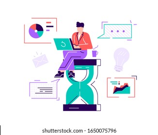 Feliz y guapo trabajador de oficina sentado en un reloj de arena y haciendo varias acciones al mismo tiempo. Concepto de multitarea, productividad y administración del tiempo. Ilustración vectorial de estilo plano