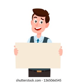 Happy Handsome Smiling Man is Holding a Empty Paper Blank Poster. Placard for Advertising. Cartoon Style Vector Illustration