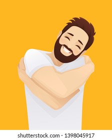 Happy Handsome Smiling Man Hugging Himself With Enjoying Face Isolated On Yellow Background. Love By Yourself Vector Illustration