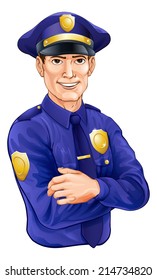 A happy handsome standing police officer policeman character with his arms folded