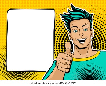 Happy handsome surprised man shows thumb up. Vector illustration in pop art comic style. Vector background.