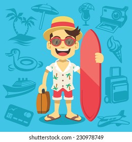 Happy handsome tourist mascot. Creative flat vector illustration. Trendy blue background with travel and tourism icons, signs and symbols. Awesome graphic design elements.