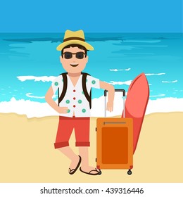 Happy handsome tourist mascot. Creative flat vector illustration. Nice blue sea or ocean with yellow sand with travel bags. Surf Traveller with sunglasses and hat