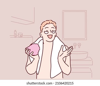 Happy handsome young man applying collagen gel white patches. Hand drawn style vector design illustrations.