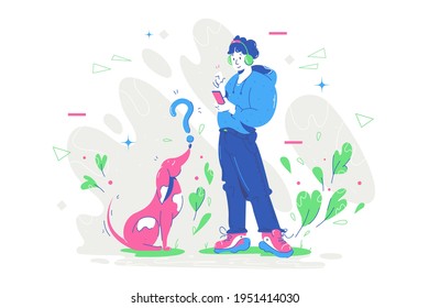 Happy handsome young man checking info using smartphone. Concept smiling male character with dog using mobile phone for business. Vector illustration.