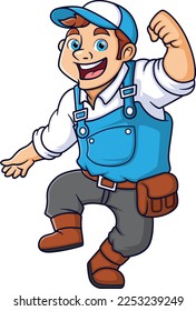 the happy handyman is jumping and excited character of illustration