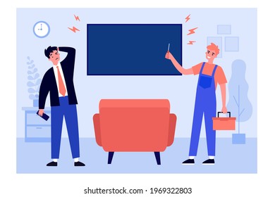 Feliz hombre de mano reparando el monitor de televisión. Hogar, destornillador, reparador de ilustración plana vectorial. Concepto de servicio y mantenimiento para banner, diseño de sitio web o página web de aterrizaje