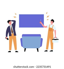 Happy handyman repairing television monitor. Home, screwdriver, repairman flat vector illustration. Service and maintenance concept for banner, website design or landing web page
