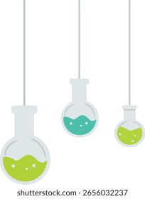 Balões suspensos felizes com líquido, estilo de desenho animado plano, isolado no fundo branco, perfeito para projetos de diversão ciência, criativo e decorativo.