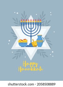 Happy Hannuka. Hanukkah symbols. Traditional Jewish holiday greeting card design with congratulations. Menorah, Star of David, Sufganiyot, jug and dreidel. Flat vector illustration.