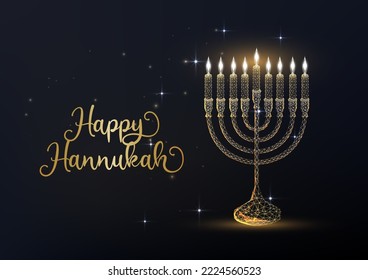 Happy Hannukah greeting cart with gold menorah and burning candles on black background in futuristic glowing low polygonal style. Modern abstract connection design vector illustration.