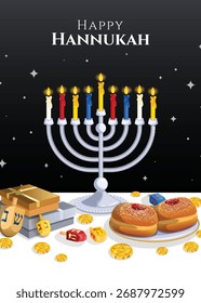 Feliz cartão de saudação Hannukkah com Menorah, Sufganiyot, Dreidels, Presentes e Gelt Moedas Composição