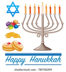 Happy Hannukkah theme with doughnuts and lights illustration