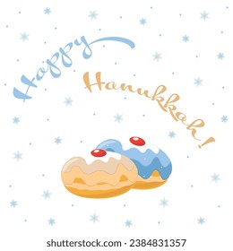 Happy Hannyka greeting card with traditional jello donuts and snowy background vector illustration