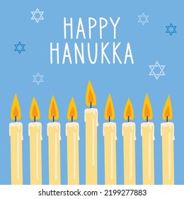 Happy Hanukka Poster With Traditional Jewish Menorah Candle.  Vector Template For Greeting Card, Banner, Invitation, Flyer, Etc.