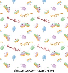 Happy Hanukka  seamless pattern  vector illustration with a doughnut and a dreidel.