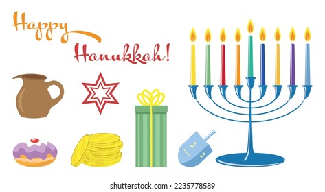 Happy Hanukka vector illustration with hanukkiah, doughnut and a dreidel.