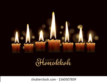 Happy hanukkach day card template with candlestick and seven realistic candles