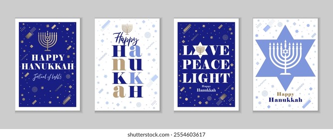 Happy Hanukkah 2025, creative greeting cards set. Vector concept for Hanukkah cover with traditional menorah candle, David stars and memphis style elements