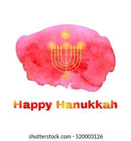 Happy Hanukkah background with candles and David Star on a watercolor background red spot. Vector illustration.