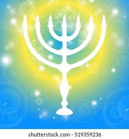 Happy Hanukkah background. Candlestick - Hanukkah. Candle on a black background with light effects.