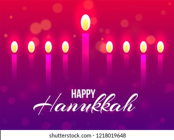 Happy Hanukkah background decorated with illuminated candles on shiny blurred background.