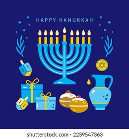 Happy Hanukkah background for greeting card, banner, invitation. Jewish Festival of Lights vector illustration