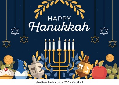 happy hanukkah background illustration in flat style