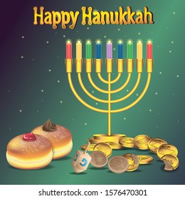 Happy Hanukkah background with menorah candy donut toy spinning top on an isolated background. Vector image eps 10