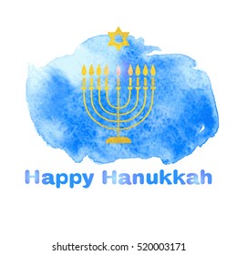Happy Hanukkah background with menorah on a watercolor background blue spot. Vector illustration.