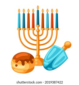 Happy Hanukkah background with religious symbols. Illustration with holiday objects.