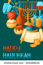 Happy Hanukkah background with religious symbols. Illustration with holiday objects.