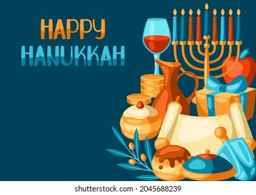 Happy Hanukkah background with religious symbols. Illustration with holiday objects.