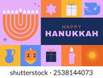 Happy Hanukkah banner, background, poster. Modern design for traditional holiday. Menorah, dove, candles and dreidel illustrations. Vector design