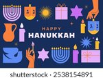 Happy Hanukkah banner, background, poster. Modern design for traditional holiday. Menorah, dove, candles and dreidel illustrations. Vector design